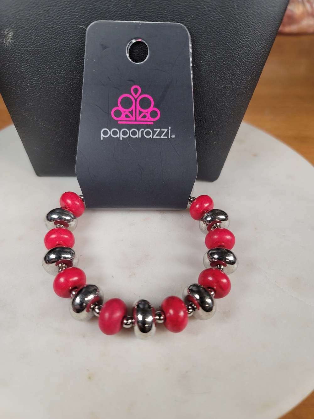 paparazzi Red and Silver Beaded Stretch Bracelet